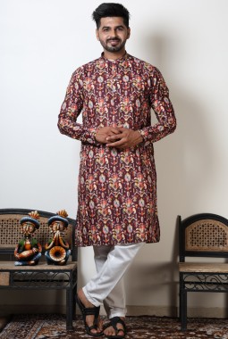 Abstract Print Knee Length Navratri Kurta For Mens In Maroon