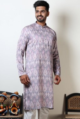 Abstract Print Round Neck Mens Kurta For Navratri In Onion Pink