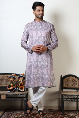 Abstract Print Round Neck Mens Kurta For Navratri In Onion Pink