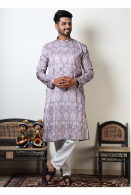 Abstract Print Round Neck Mens Kurta For Navratri In Onion Pink