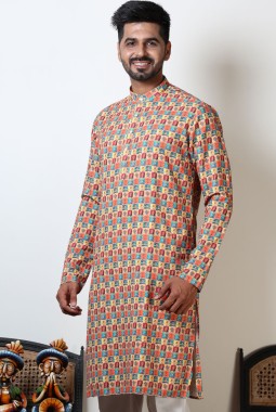 Multicolor Exclusive Cotton Printed Kurta For Mens