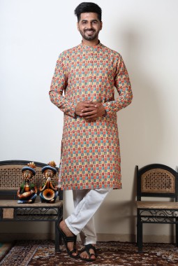 Multicolor Exclusive Cotton Printed Kurta For Mens