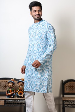 Blue & White Printed Cotton Kurta For Navratri Festival