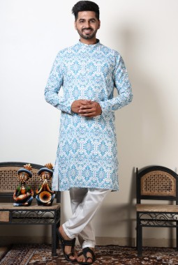 Blue & White Printed Cotton Kurta For Navratri Festival