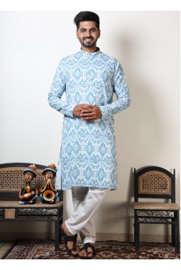Blue & White Printed Cotton Kurta For Navratri Festival