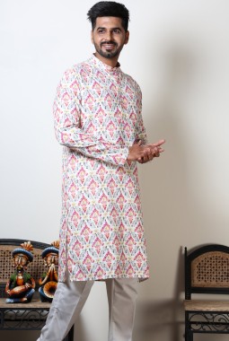 White & Pink Abstract Print Cotton Kurta For Mens