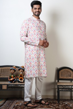 White & Pink Abstract Print Cotton Kurta For Mens
