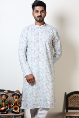 Vantara Print Exclusive Cotton Kurta For Mens In White & Teal
