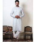 Vantara Print Exclusive Cotton Kurta For Mens In White & Teal Vantara Print Exclusive Cotton Kurta For Mens In White & Teal
