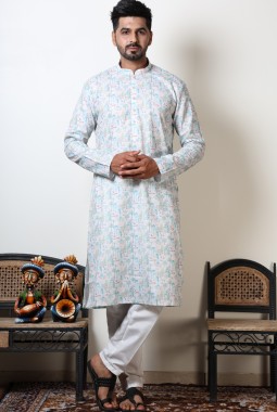 Vantara Print Exclusive Cotton Kurta For Mens In White & Teal