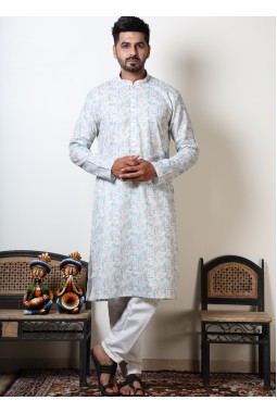 Vantara Print Exclusive Cotton Kurta For Mens In White & Teal