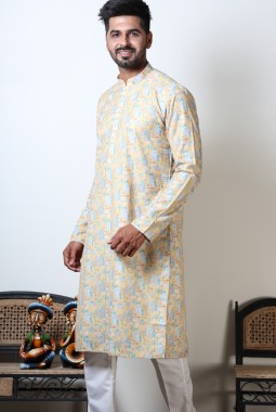 Yellow Cotton Viscose Vantara Print Navratri Kurta For Mens