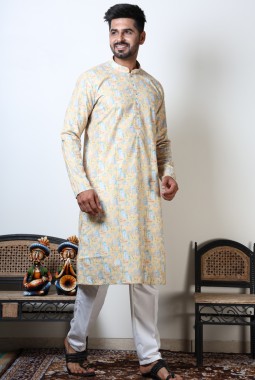 Yellow Cotton Viscose Vantara Print Navratri Kurta For Mens