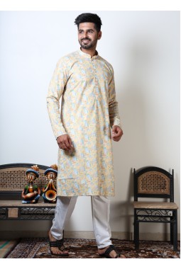 Yellow Cotton Viscose Vantara Print Navratri Kurta For Mens
