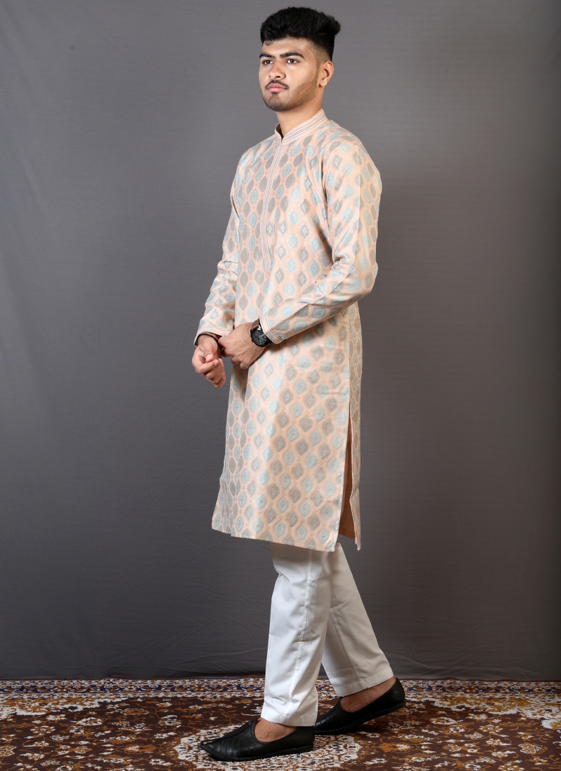 Peach Brocase Silk Wedding Wear Kafni Pajama Peach Brocase Silk Wedding Wear Kafni Pajama