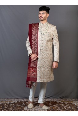 Beige Linen Silk Wedding Sherwani