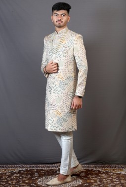 Beige Linen Silk Wedding Sherwani