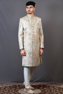 Beige Linen Silk Wedding Sherwani