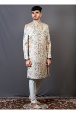 Beige Linen Silk Wedding Sherwani